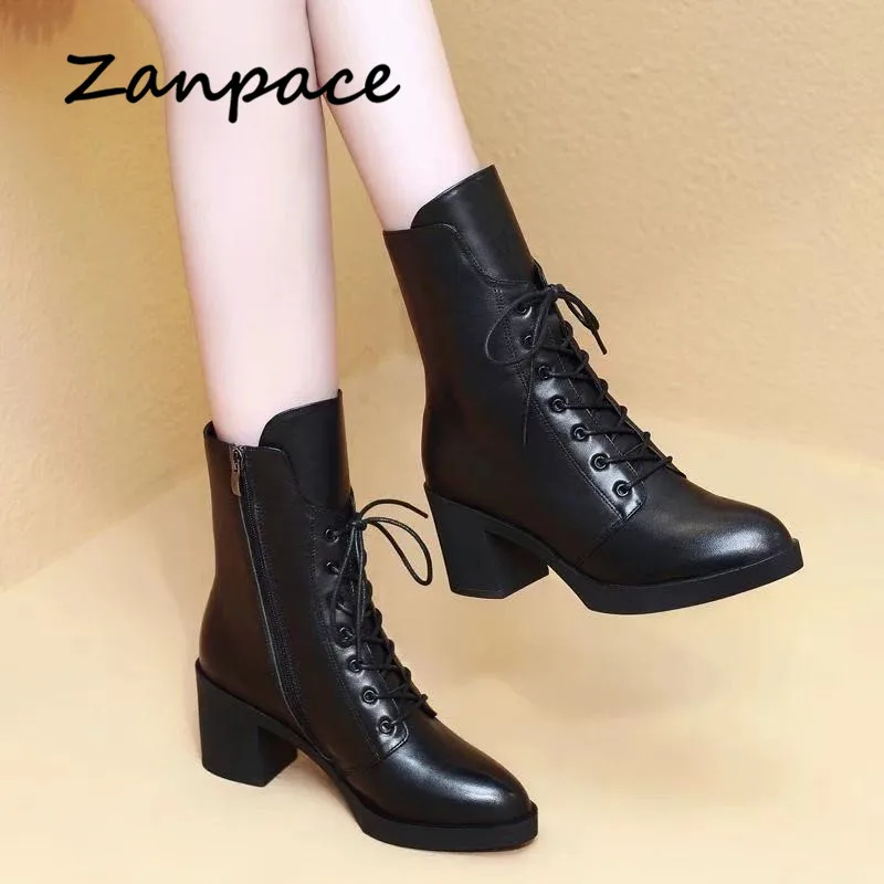 ZANPACE Platform Heels Women Boots Winter Plus Velvet Mid-tube Women Shoes Fashion Pointed Toe Winter Women Ankle Boots