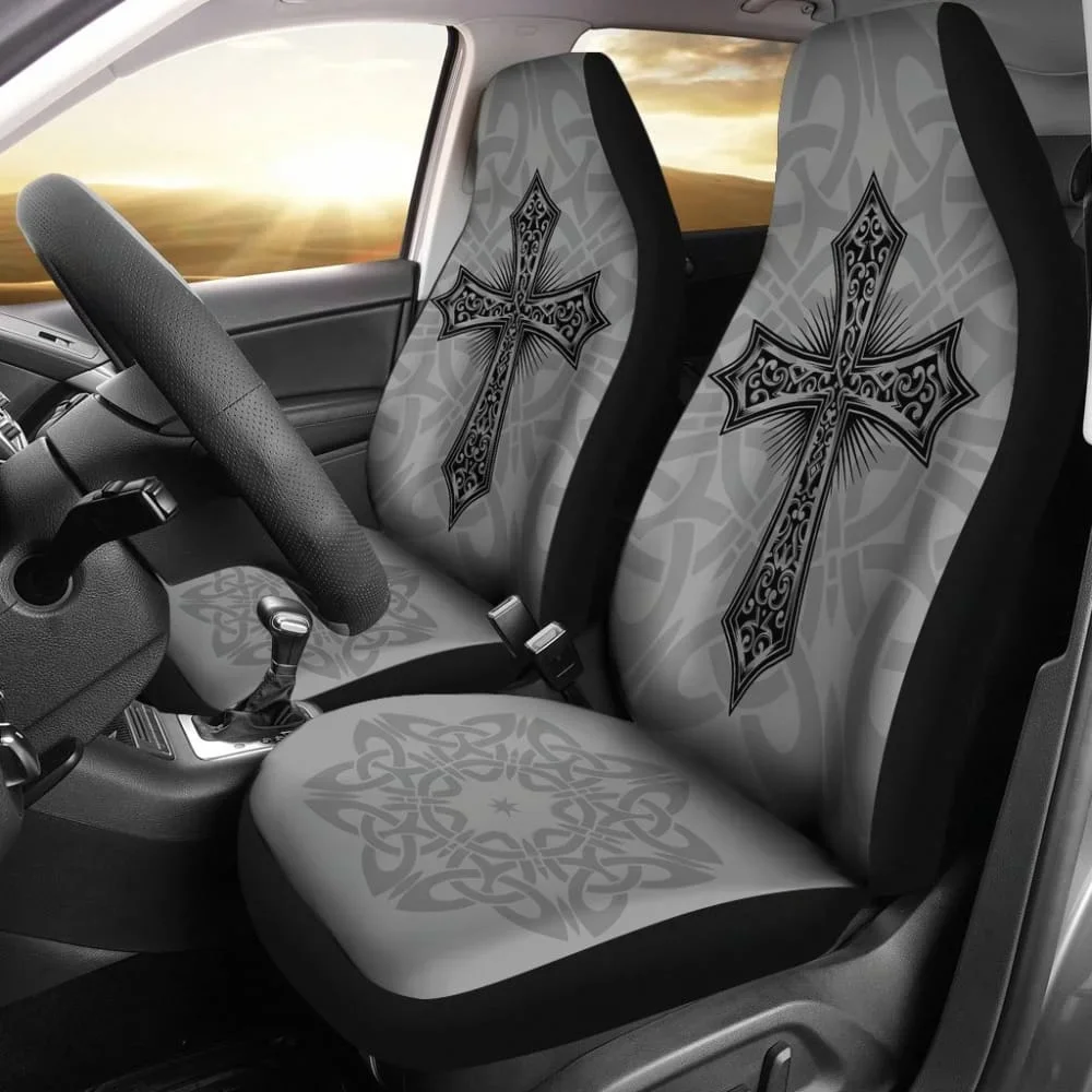 Mystic Celtic Cross With Knot Black Themed Car Seat Covers 210301,Pack of 2 Universal Front Seat Protective Cover