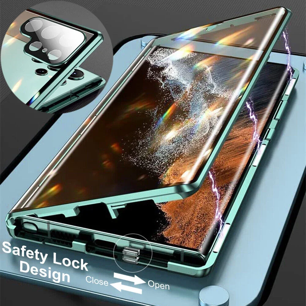 

360 Metal Magnetic Case for Samsung Galaxy S25 S24 Ultra Plus S24 FE Double Side Tempered Glass Front and Back Glass Cover Cases