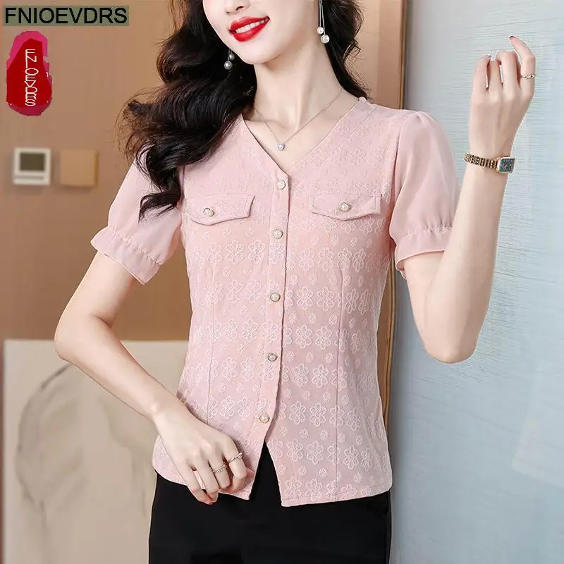 Office Shirts Basic Wear New Design 2025 Summer Women Elegant Fashion Work Lady Pink Button Pink Cute Tops Bow Pink Blouses