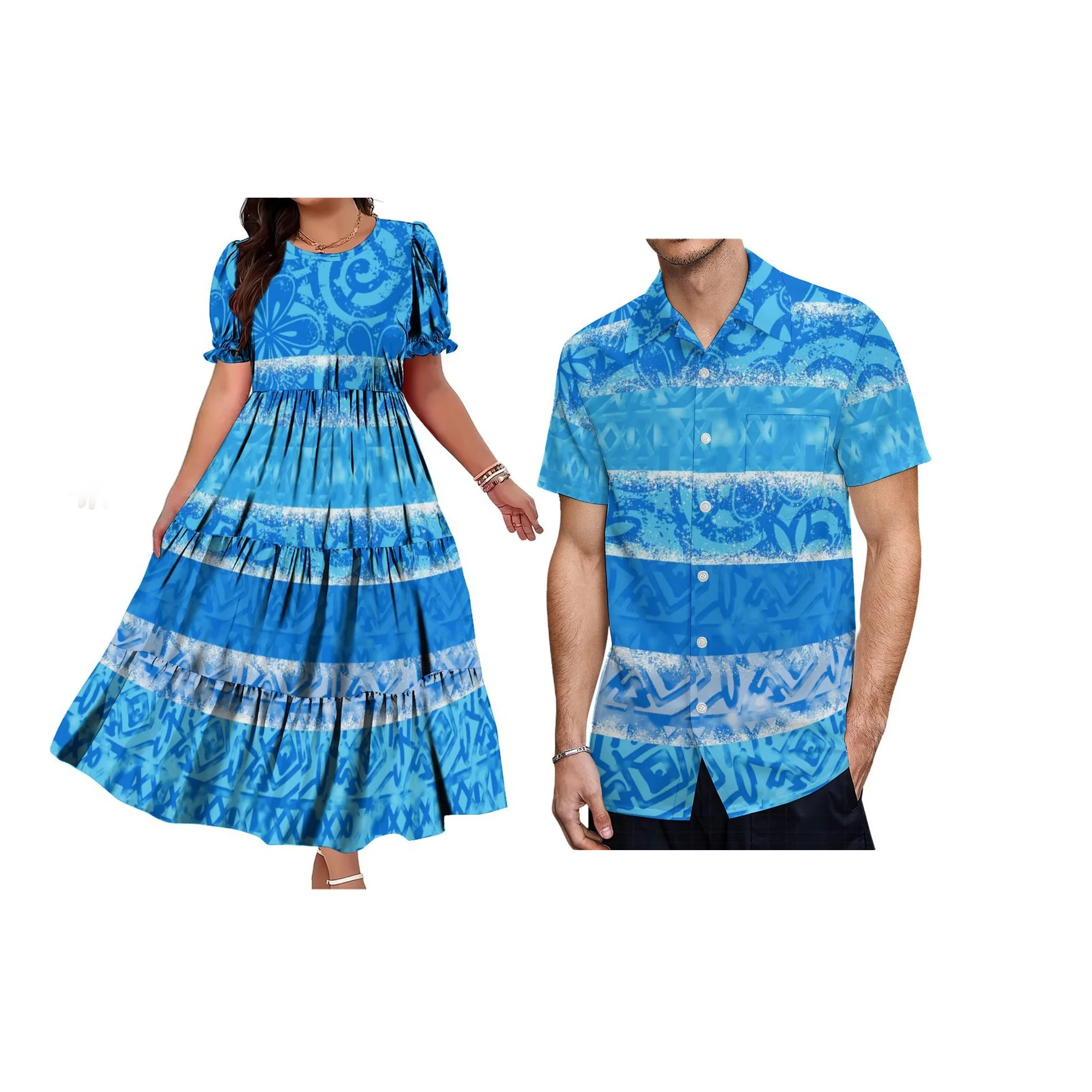 Custom Polynesian Tribal Leaf Tiered Maxi Dress Puff Short Sleeve Loose Flowy Women Party Casual Long Gown