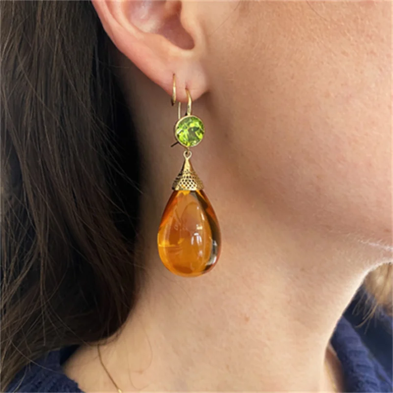 Gorgeous Teardrop Yellow Stone Dangle Earrings Trendy Jewelry Classic Geometry Round Olive Green Zircon Earrings for Women