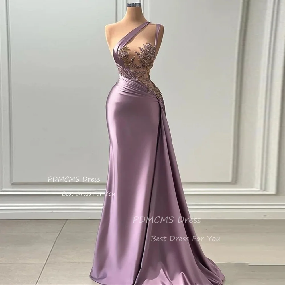 Vestido de noche de satén de sirena con un hombro descubierto, traje de fiesta Formal con cuentas, Sexy, púrpura, para ocasiones especiales