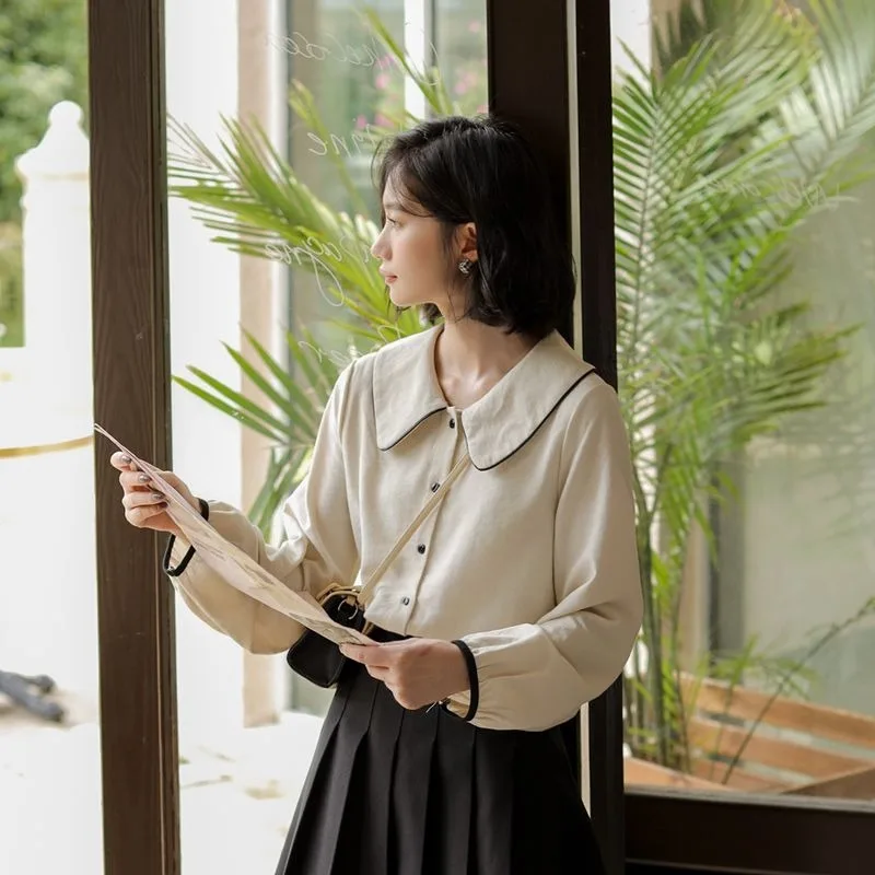 

Long Sleeve Shirts Women Spring Autumn Students Baggy Soft Slimming Basic French Fashion Streetwear Panelled Peter Pan Collar