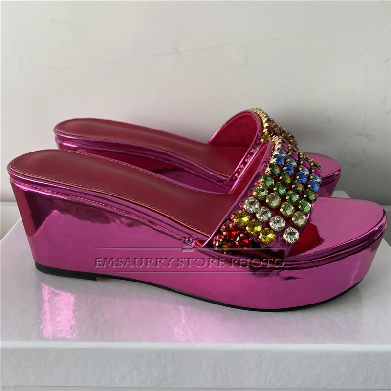 Colorful Rhinestone Band Women Sandals Luxury Patent Leather High Platform Wedges Slingbacks Summer Mules