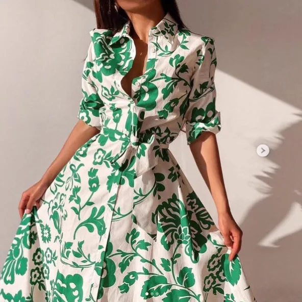 

Women Printed Maxi Dresses Waist-hugging Long Sleeve Shirt Dress Spring Autumn Casual Lady Office Holiday Vestidos Dress Robe