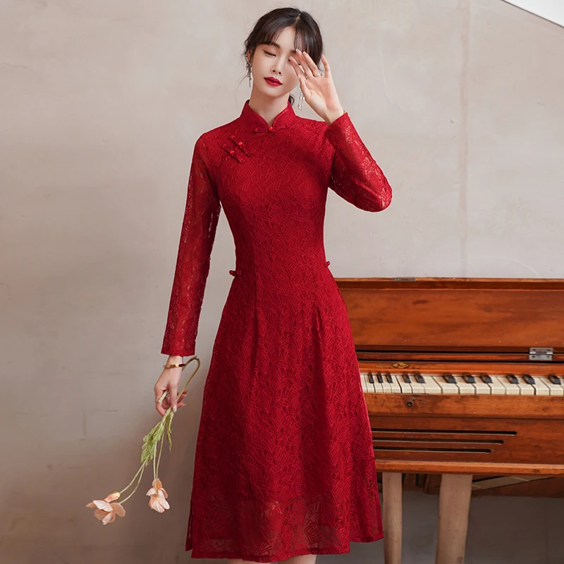 

2024 Chinese Traditional Qipao Dress for Women Clothing New Vintage Long Sleeve Red Cheongsam Chinese Wedding Asian Dress