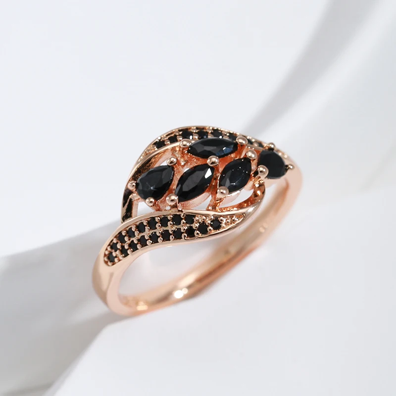SYOUJYO New 585 Rose Golden Women\'s Ring With Water Drop Black Natural Zircon Elegant Party Wedding Jewelry Luxury Design