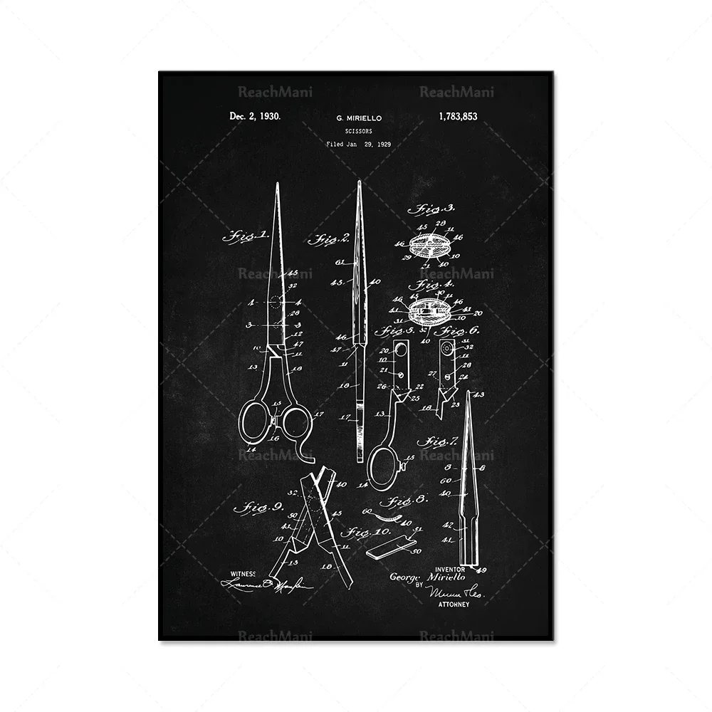 Barber shop patent 4-piece set, fashionable cool gifts, brushes, razors, shaver, scissors, barber shop artwork, patent print dec