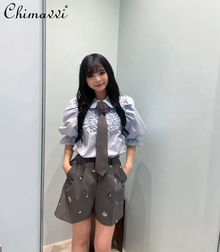 

Японская женская блузка с воротником-рюшами, пышными рукавами и коротким рукавом, модная, с вышивкой-буквой, элегантная