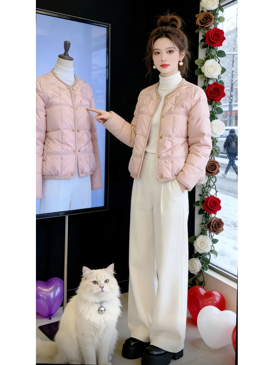

Ladies Loose Fit Fashionable Cotton Jacket White Enhancing Winter Coat Korean Style Commute Thickened Long Sleeve round Neck