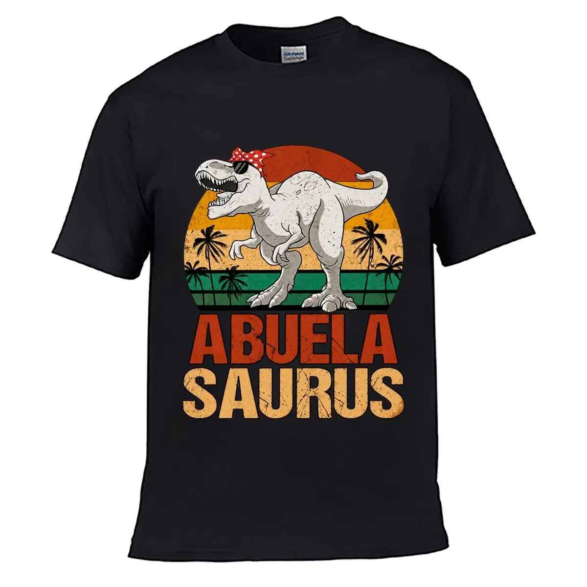 Abuela Saurus Dinosaur Red Bow Sunset Palm Trees Graphic short-sleeved T-shirt