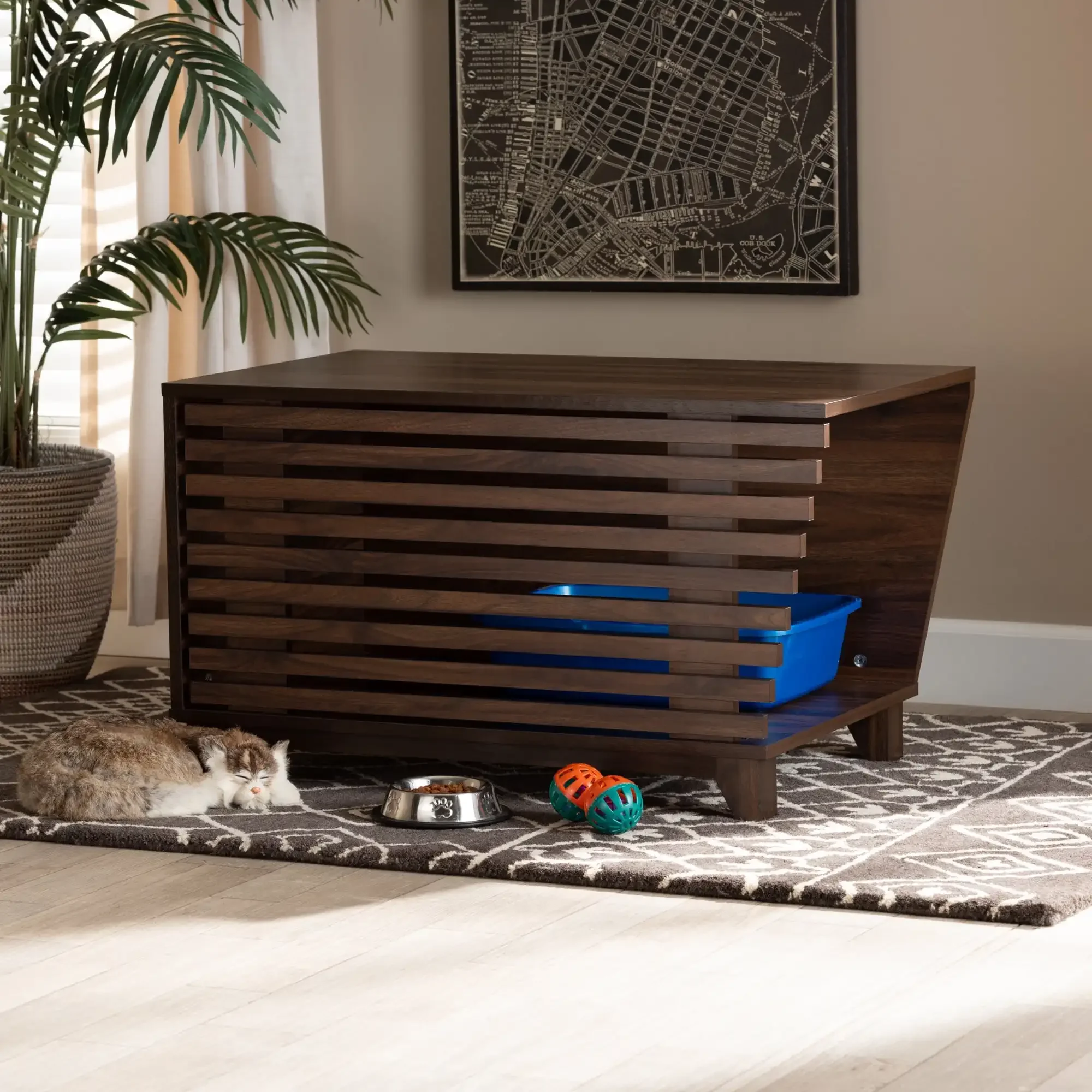 

Modern and Contemporary Walnut Brown Finished Wood Cat Litter Box Cover House