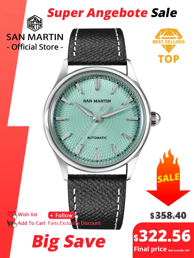 

San Martin 37mm Men Dress Watch 3D Textured Dial ST1812 Casual Fashion Automatic Mechanical Sapphire Clear Caseback SN0110