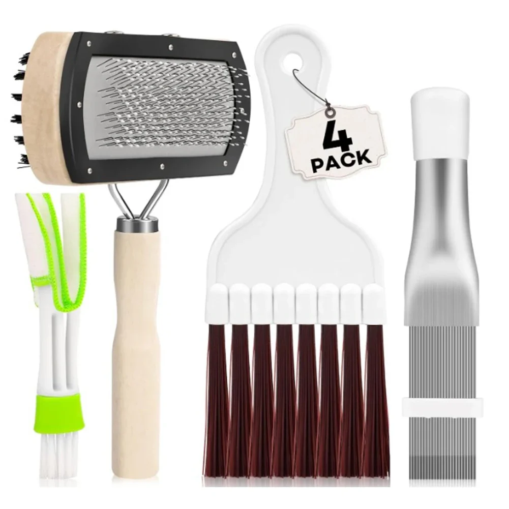 4 Pieces Air Conditioner Condenser Fin Cleaning Brush Set with Stainless Steel and Plastic Tools for Efficient Coil Cleaning