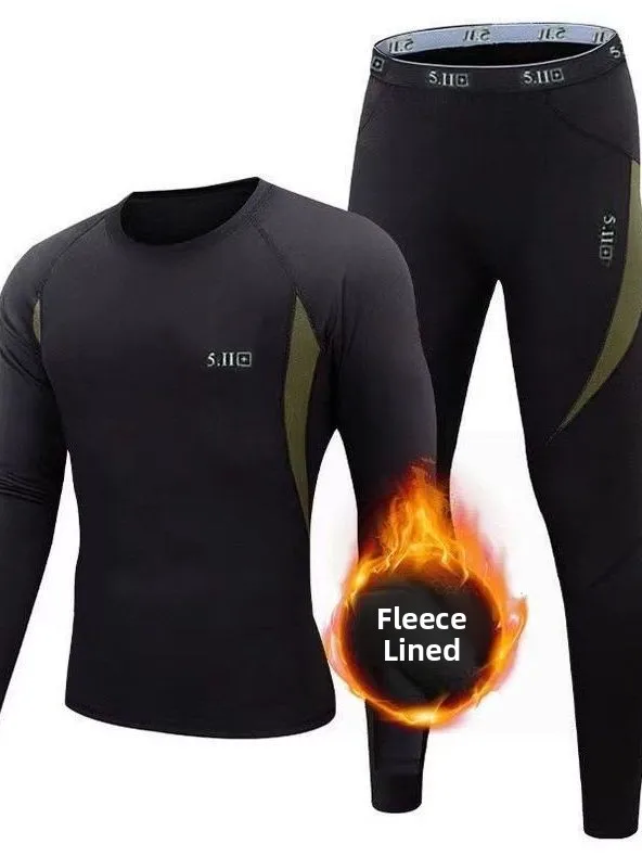 

2025 New Men's Fce Lined Warm Underwear Set Winter Tight Sports Base Layer Long Sve Long Pants Bla