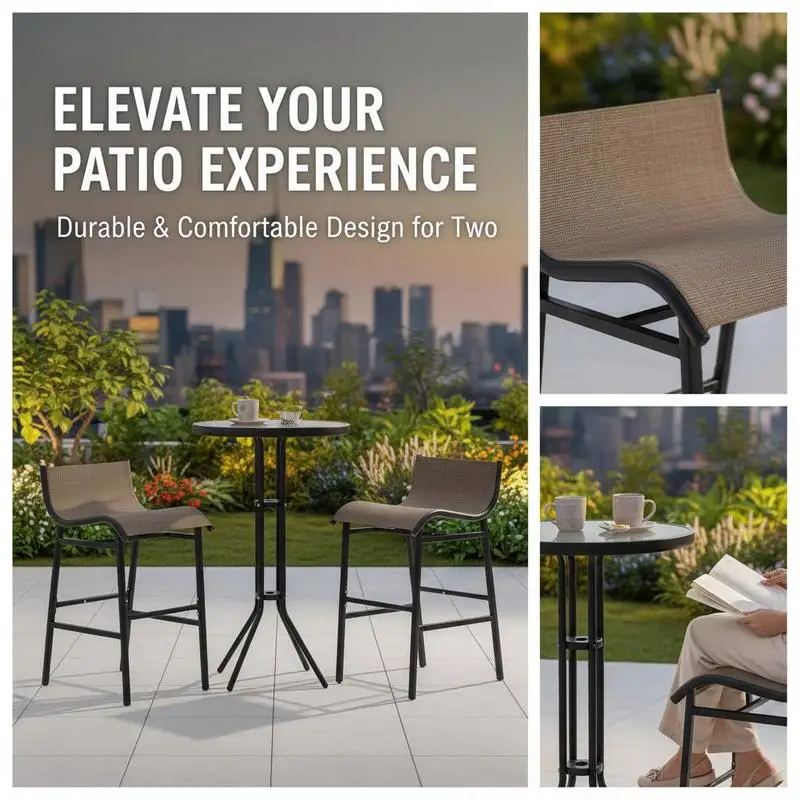3 Piece Bar Height Outdoor Bistro Set for 2, Round Patio Pub Table 2 Bar Chairs with Comfortable Design & Strong Build, Tan
