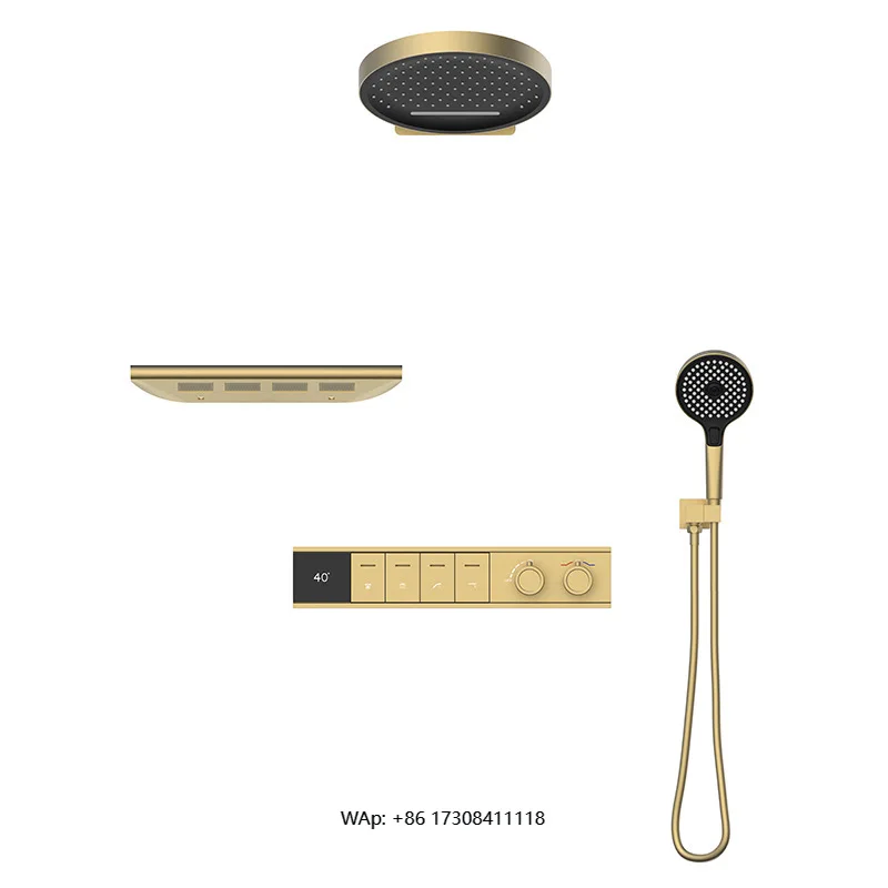 Hidden pre-embedded constant temperature rainfall shower set, all-copper brushed rose gold wall constant soft spray