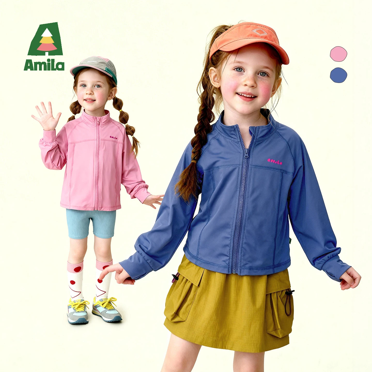 Amila 2026 Summer New Children's Sunscreen Clothing Uv Protection Pure Color Hooded Zipper Jacket Top For Boys And Girls