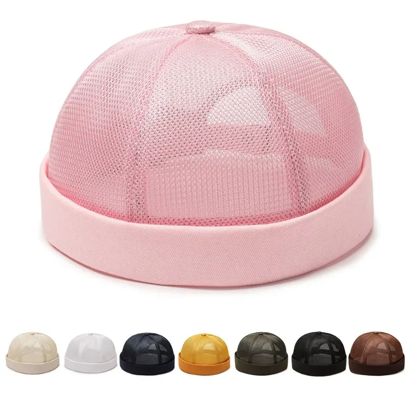 

Vintage Summer Mesh Cap Breathable Brimless Hat Men Women Bucket Caps Adjustable Dad Hat Solid Color Beanie Hat Hip Hop Hats