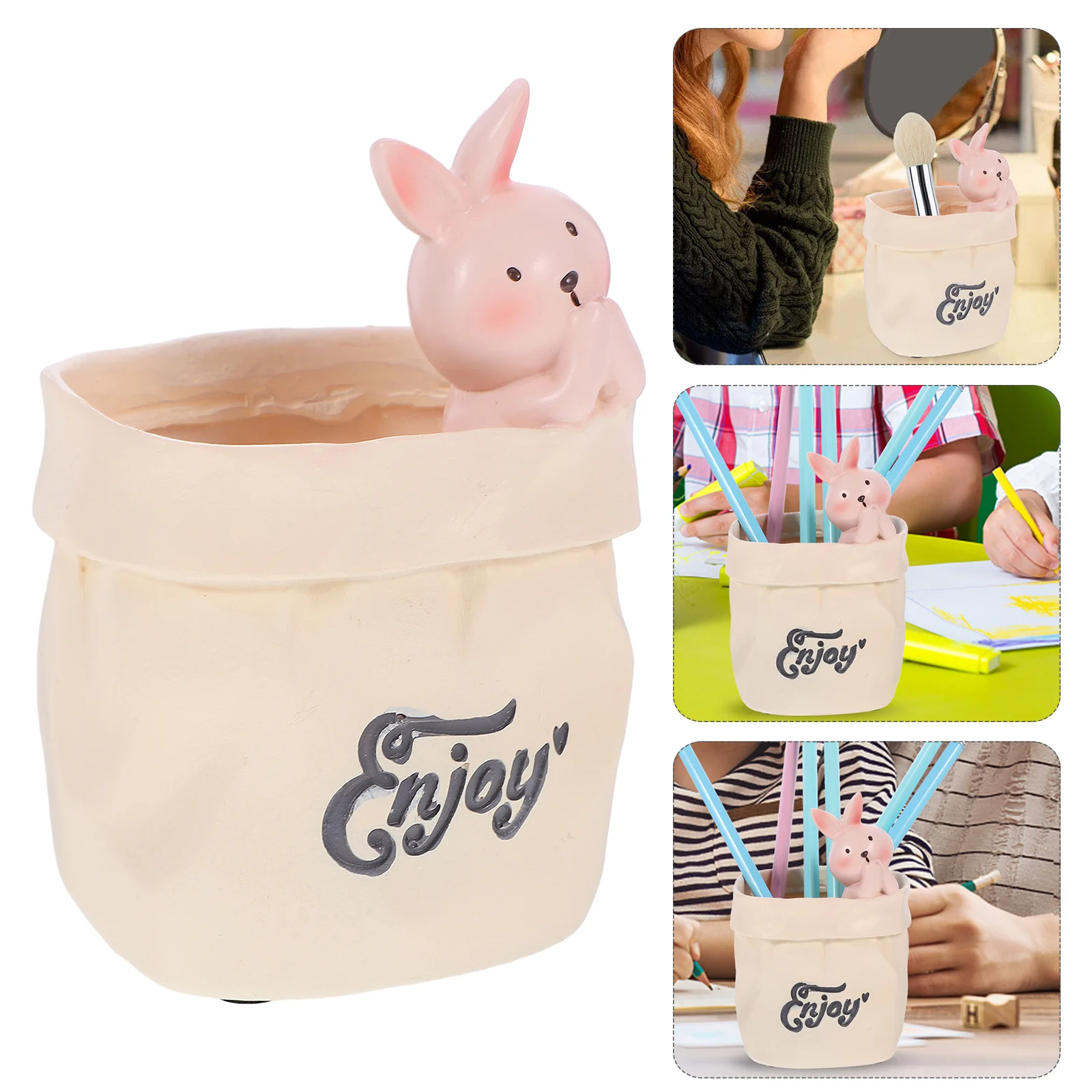 

Cartoon Rabbit Paper Bag Pen Container Resin Multi-Function Desktop Pen Organizer Office School Pencil Brush Holder