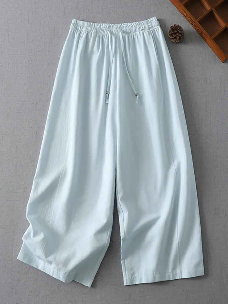 Retro Diagonal Stripe Wide Leg Pants Women's Summer Elastic Waist Pearl Buckle Slimming Knife Pants Loose Casual Nine-Piece P...