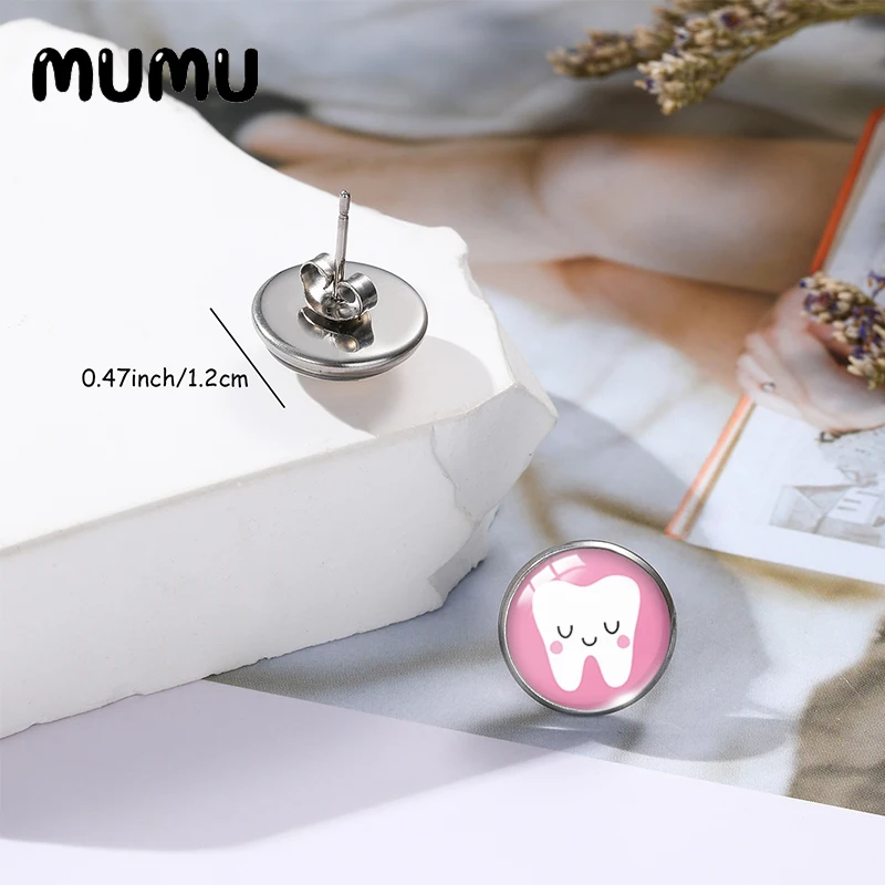 2023 New Cartoon Teeth Stud Earrings Fairy Tooth Art Glass Dome Cabochon Jewelry 12mm Round For Freinds