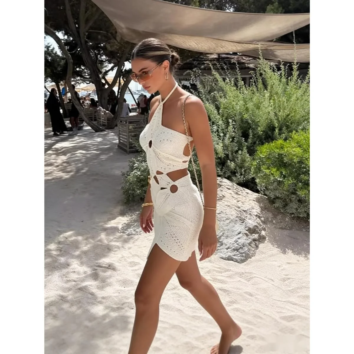 Women's Dress Asymmetric Hollow Out Halter Dress Knitted Flower Design Beach Dress Neck Hollow Dress