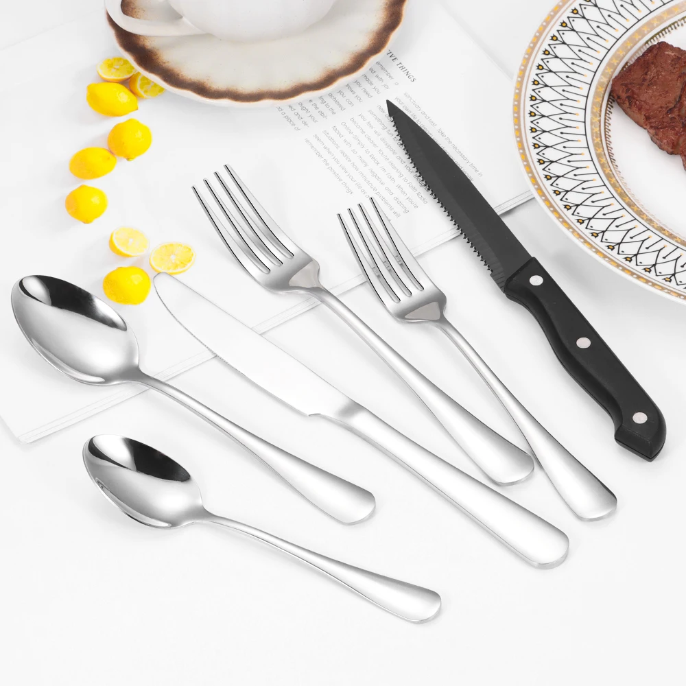 

20 Pieces Silver Stainless Steel Flatware Set 24 Pieces Mirror Black Cutlery Set With Sharp Steak Knife Fork Spoon Kit Kitchen