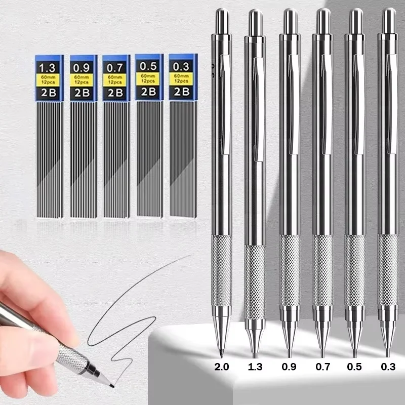 Metal Mechanical Pencil 0.3 0.5 0.7 0.9 1.3 2.0mm Lead Refill Art Automatic Drafting Sketching Pencil For Office School Supplies