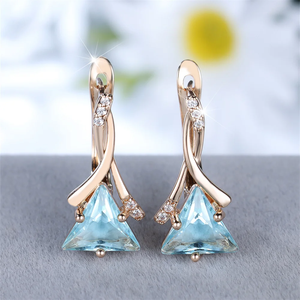 Fashion Blue Crystal Multicolor Zircon Triangle Stone Hoop Earrings For Women Vintage Gold Color Ear Buckle Wedding Jewelry Gift