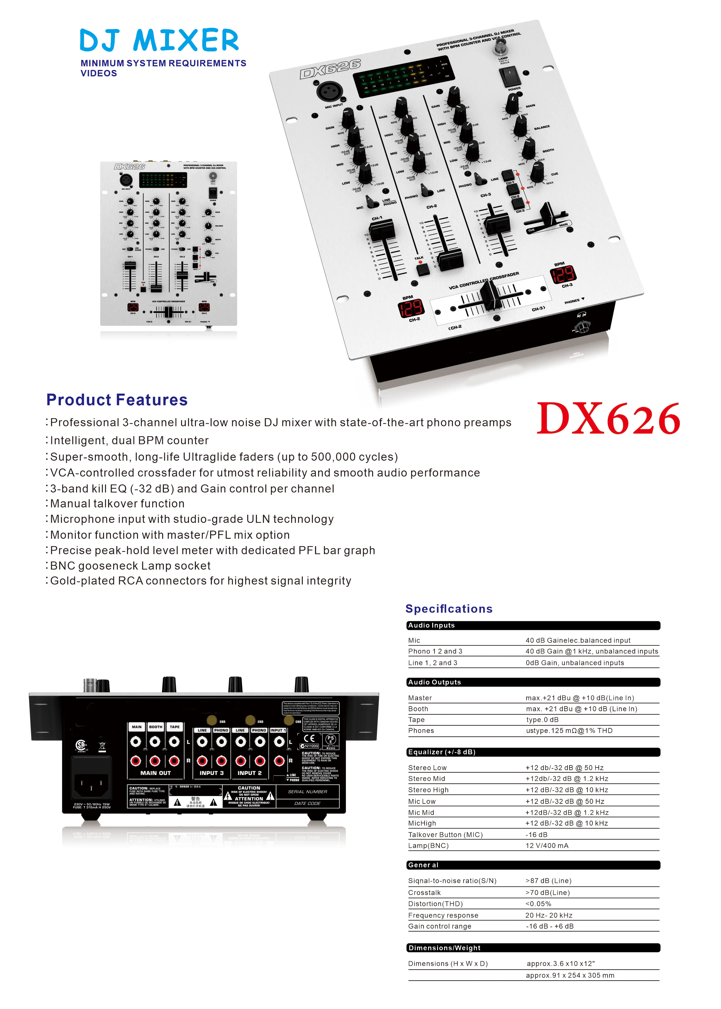 CLMC-DX626 Professional 3-Channel Digital Audio DJ Mixer with BPM Counter and VCA Control DJ Mixer