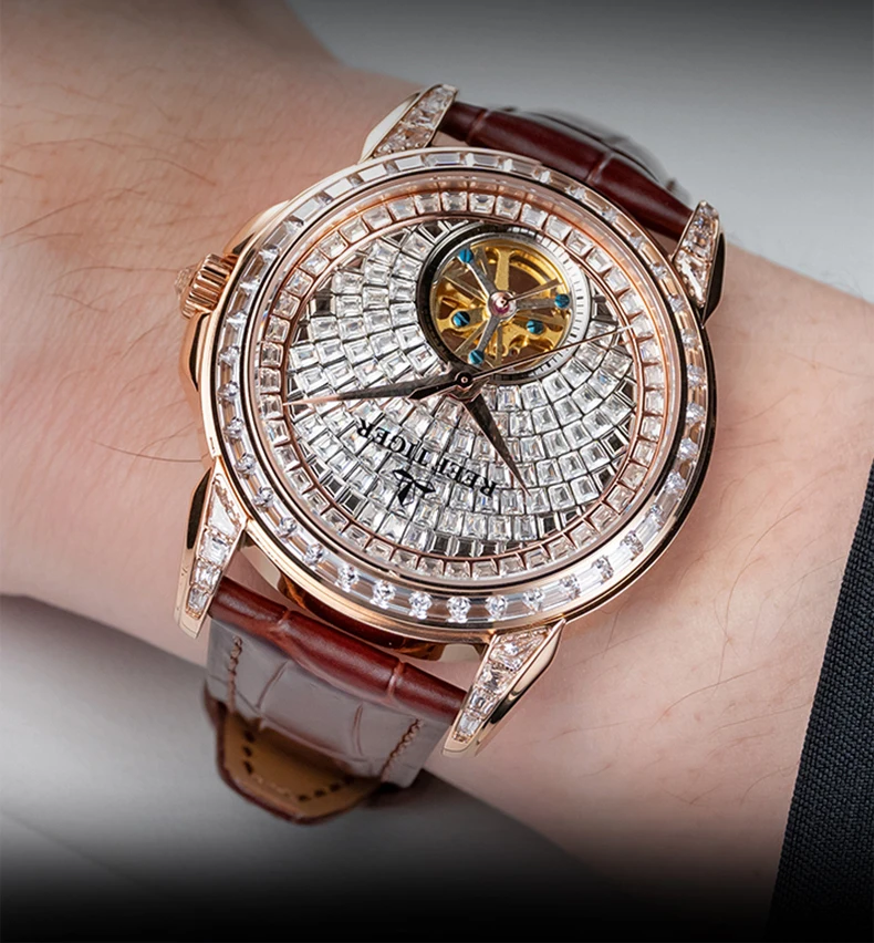 Reef Tiger Men Automatic Watch 41.5mm Luxury Mechanical Wristwatch Luminous Skeleton Crystal Dial Bezel Sapphire Mirror