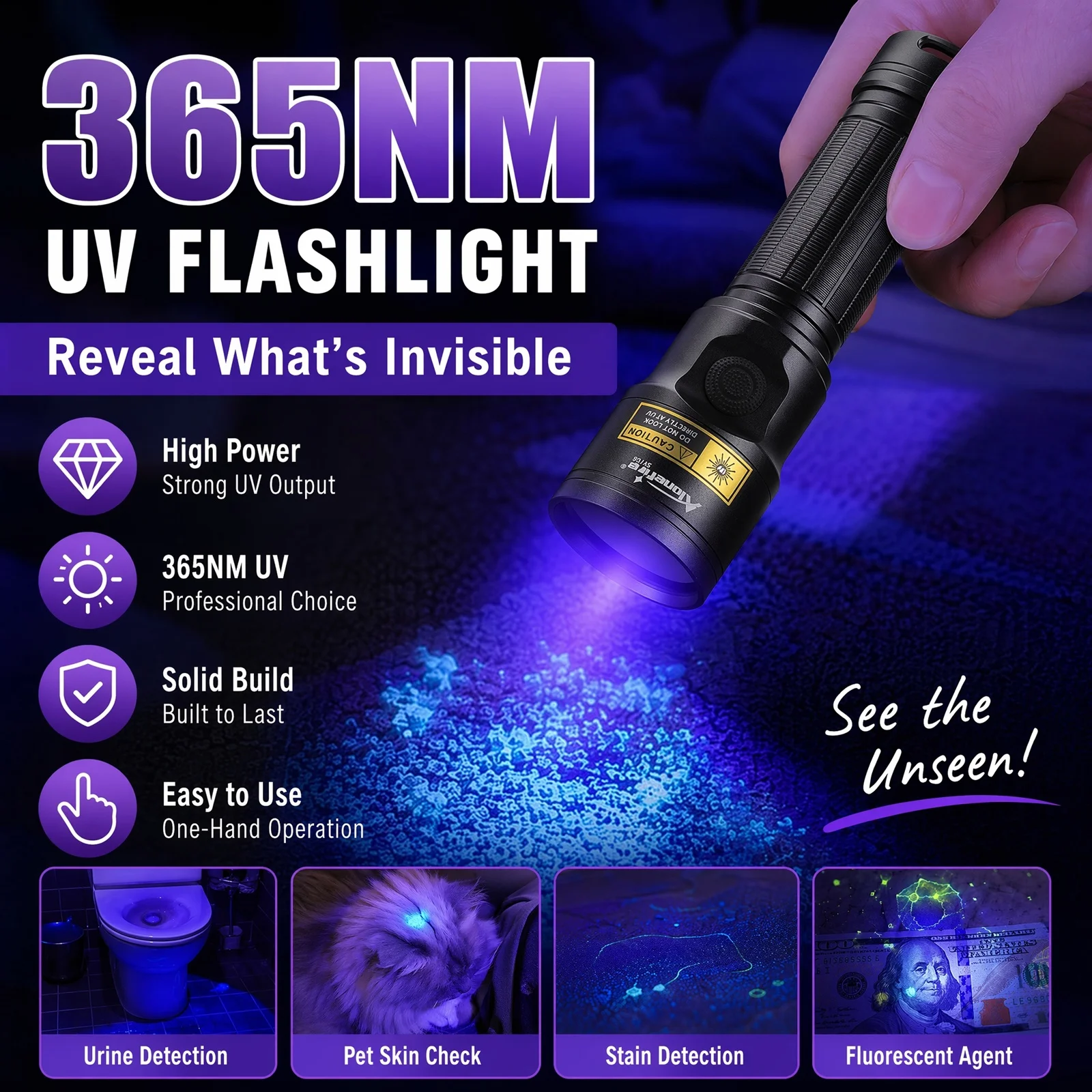 20W 365nm UV USB Rechargeable Flashlight UV Glue Curing Aluminum Torch Pet Stain Tinea Ore Jade Money Scorpion Detection Light