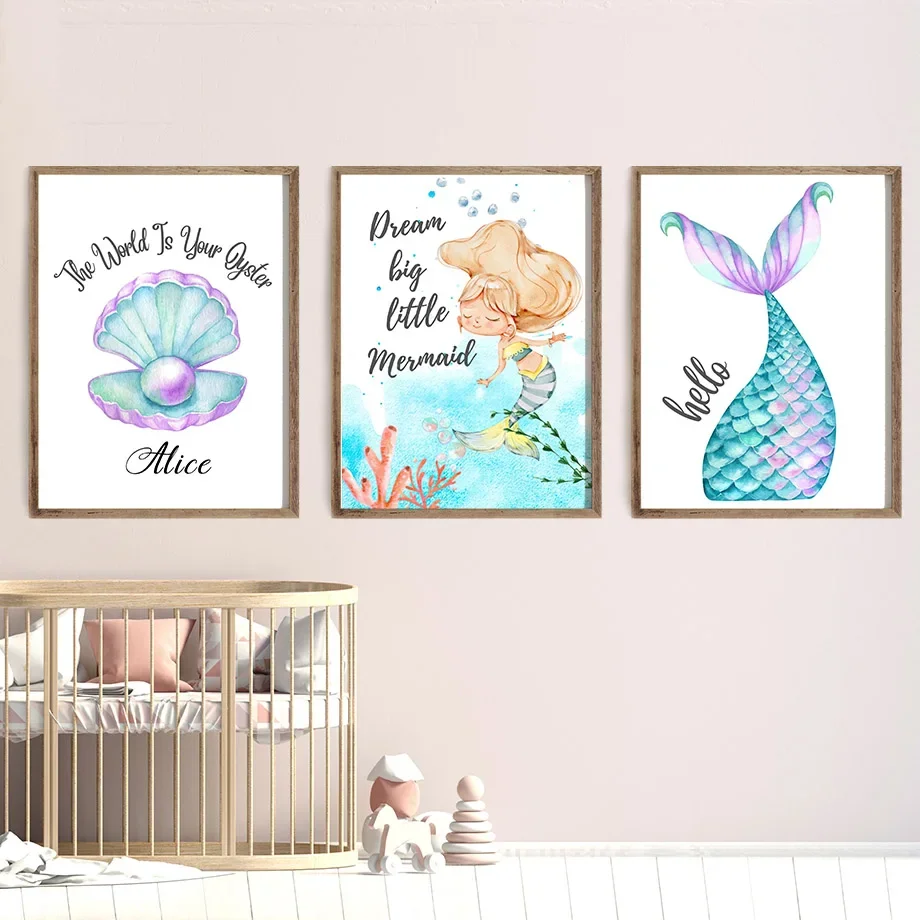 Wall Art Prints Canvas Painting Cute Mermaid Custom Name Shell Ocean Poster Nursery Pictures Kids Girl Room Home Decoration