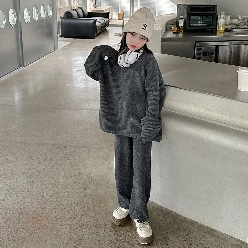 Girls Winter Clothes Set Thick Warm Knitted Sweater Pants Two Pieces Teen Children Outfits Fashion Loose Casual Kids Costumes