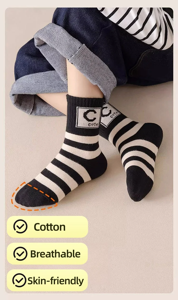 5 Paar Kindersocken Frühling Herbst Socken Kinder Jungen Baumwollsocken Baby Buchstaben Muster Mittlere Wadensocke – Detail 1