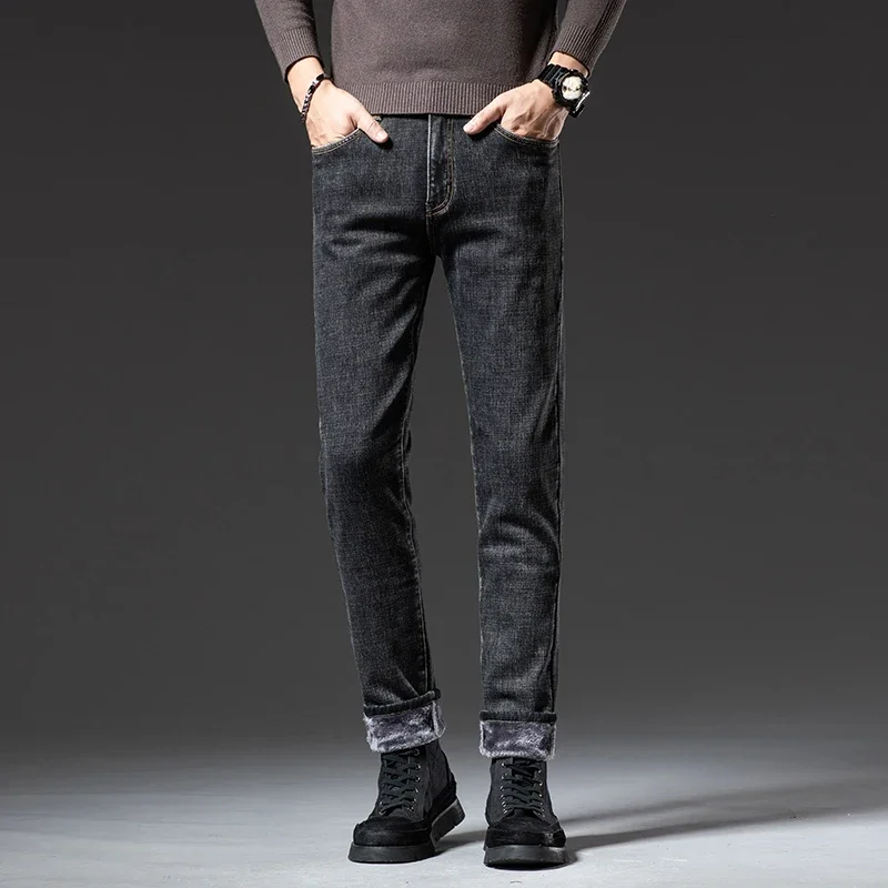 Winter Men's Fleece Warm Blue Grey Jeans Business Casual Stretch Fabrics Regular Fit Denim Pants Male Brand Thickened Trousers