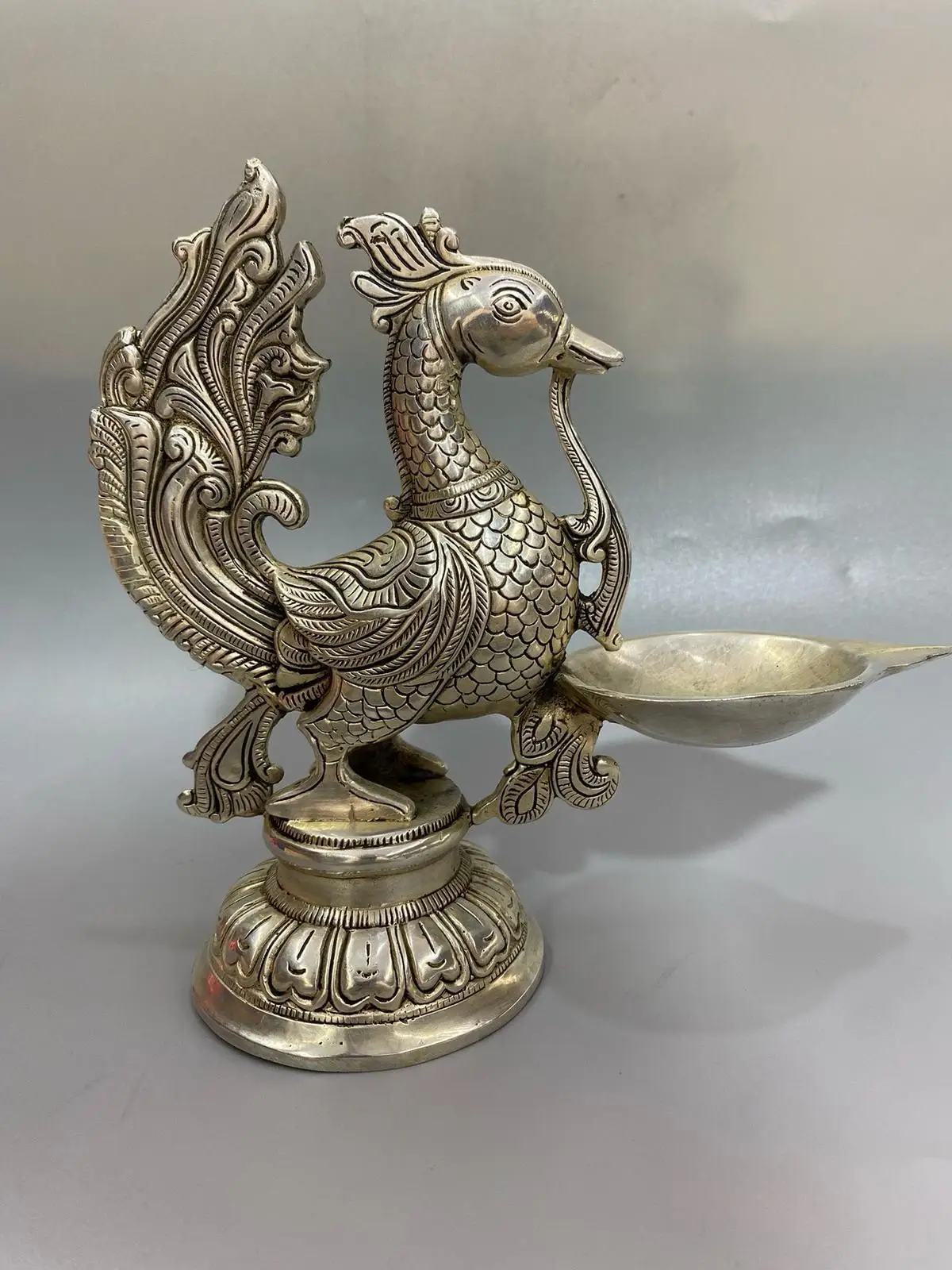 bronze silver plating sculpture auspicious ancient birds Zhu Que oil lamp statue