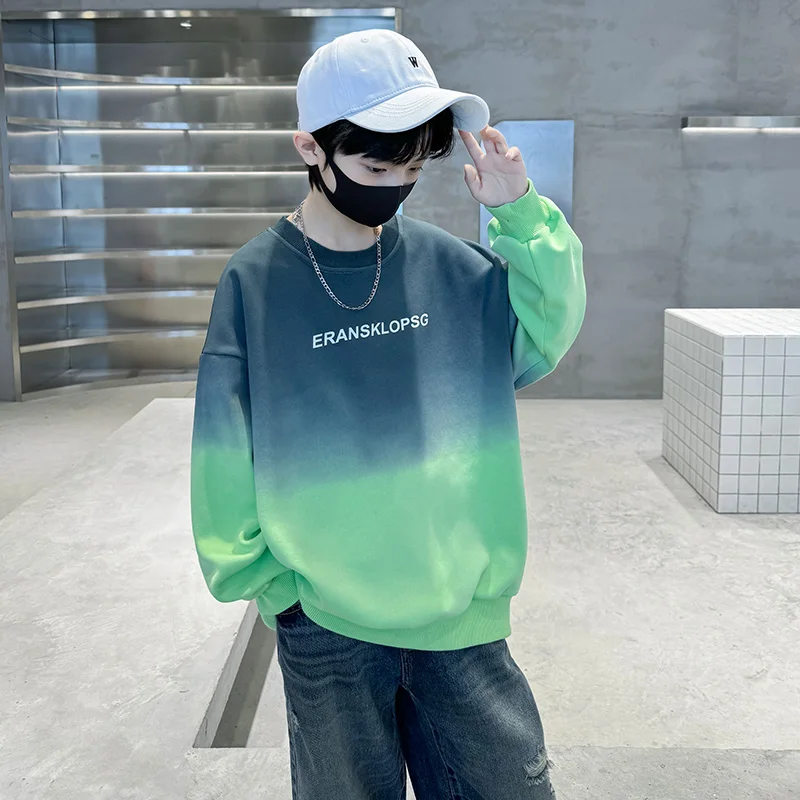 5 To 14 Years Old Children Boys Tie Dye Sweatshirt Autumn Clothing Korean Kids Long Sleeve Tee Tops Loose Contrast Pullover Coat