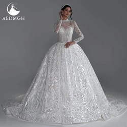 Aedmgh Ball Gown Gorgeous Wedding Dresses High Neck Long Sleeve Vestido De Novia Lace Sequined Shiny Custom Made Bridal Gown