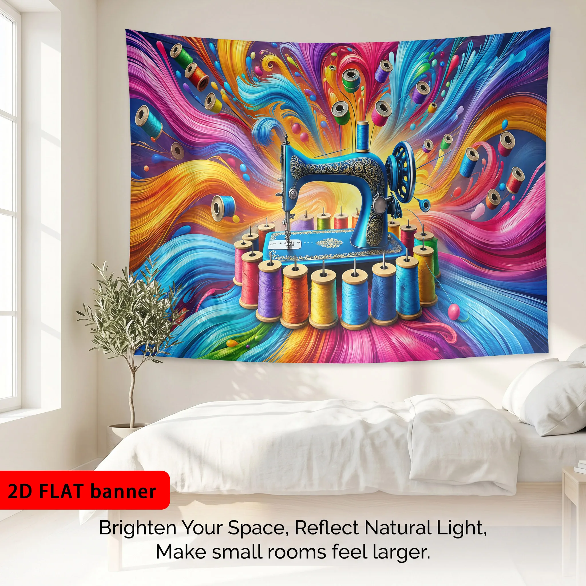 Colorful Vintage Sewing Machine Thread Spool Tapestry Art Wall Hanging Decor for Sewing Room Bedroom Home