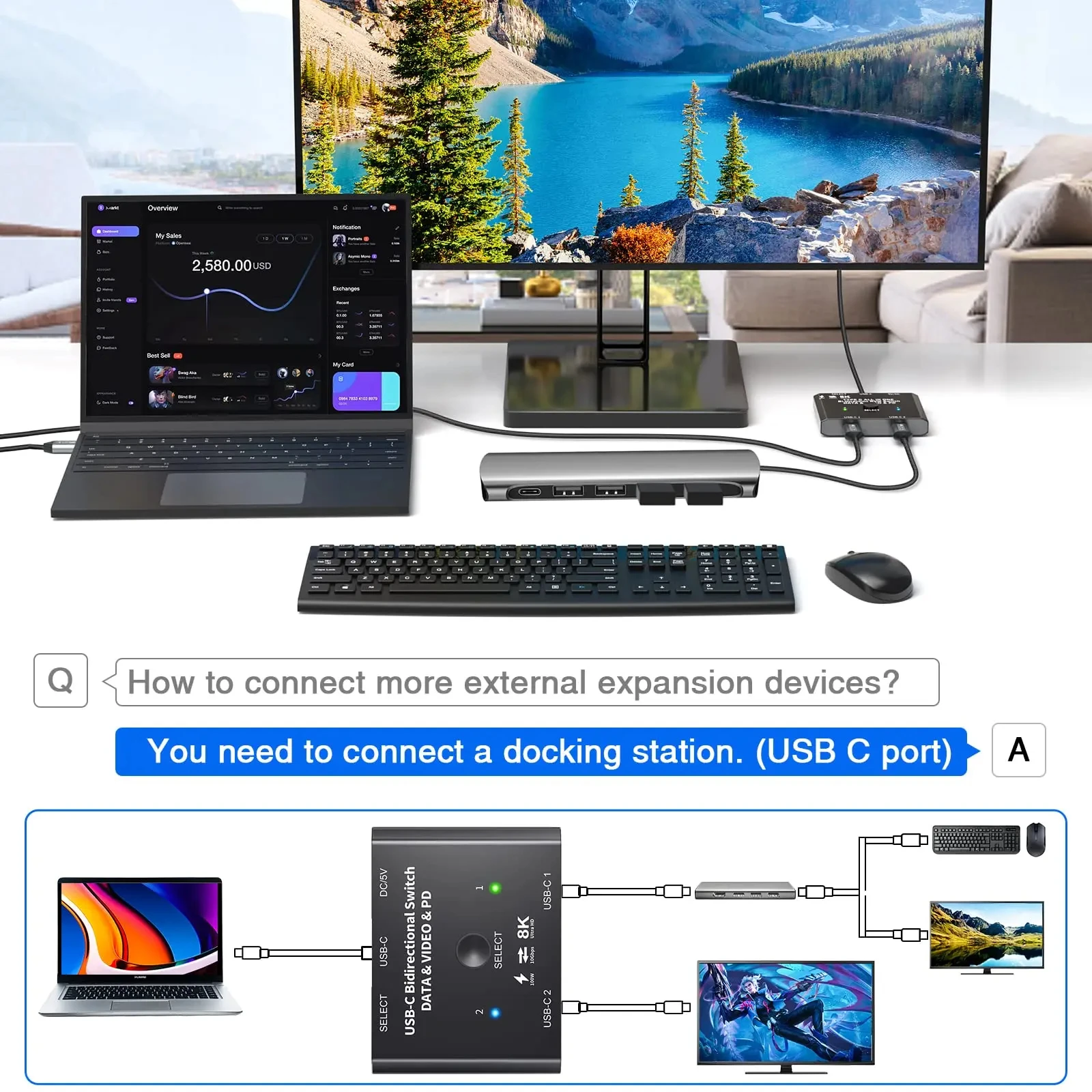 Interruptor USB C, conmutador bidireccional USB C, 2 portátiles, interruptor KVM tipo C, compatible con transferencia de datos de vídeo/10gbps