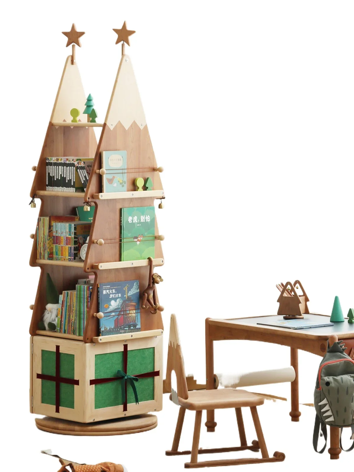 

Rotating bookshelf Children's bookcase Reading corner Black walnut cherry solid wood storage Picture book rack