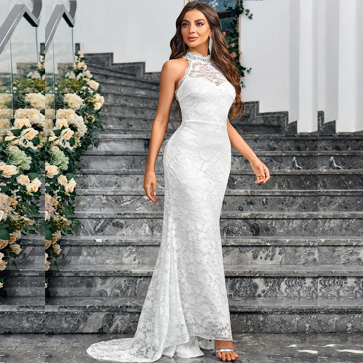 Clássico branco vestido de noiva manga longa vestidos de casamento halter colarinho simples sem costas com arco vestido de noiva país