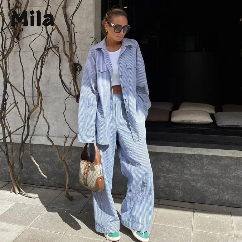 Wide Leg Pants Suit Women\'s Clothing Set Long Sleeves 2 Piece Sets Women Outfit 2024 New Blue Striped Lapel Shirt Pant Matching