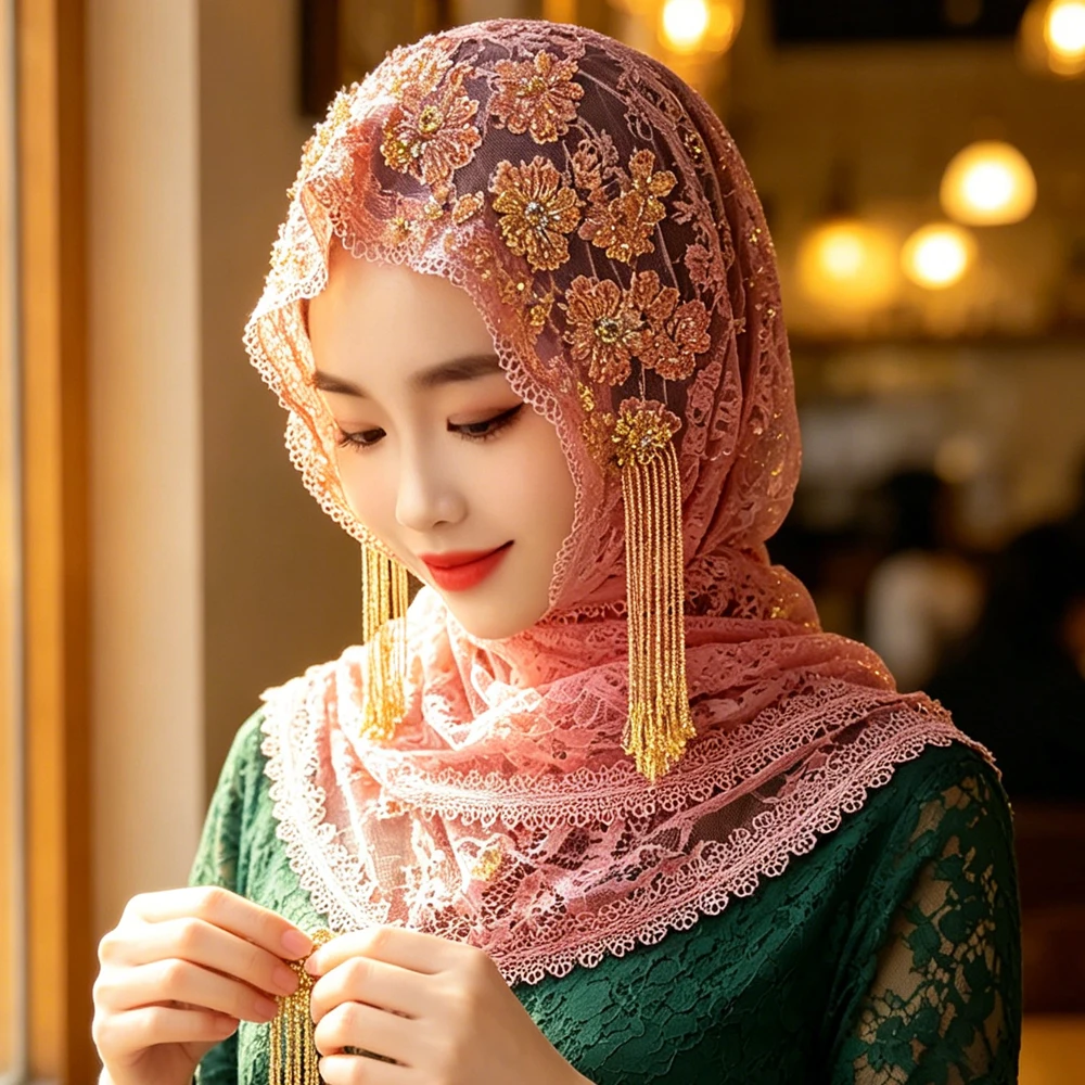 

Fashion Lace Embroidery Triangular Scarf Women Muslim Hijab Long Tassel Beads Shawls Wrap Bonnet Islam Wedding Party Headscarf
