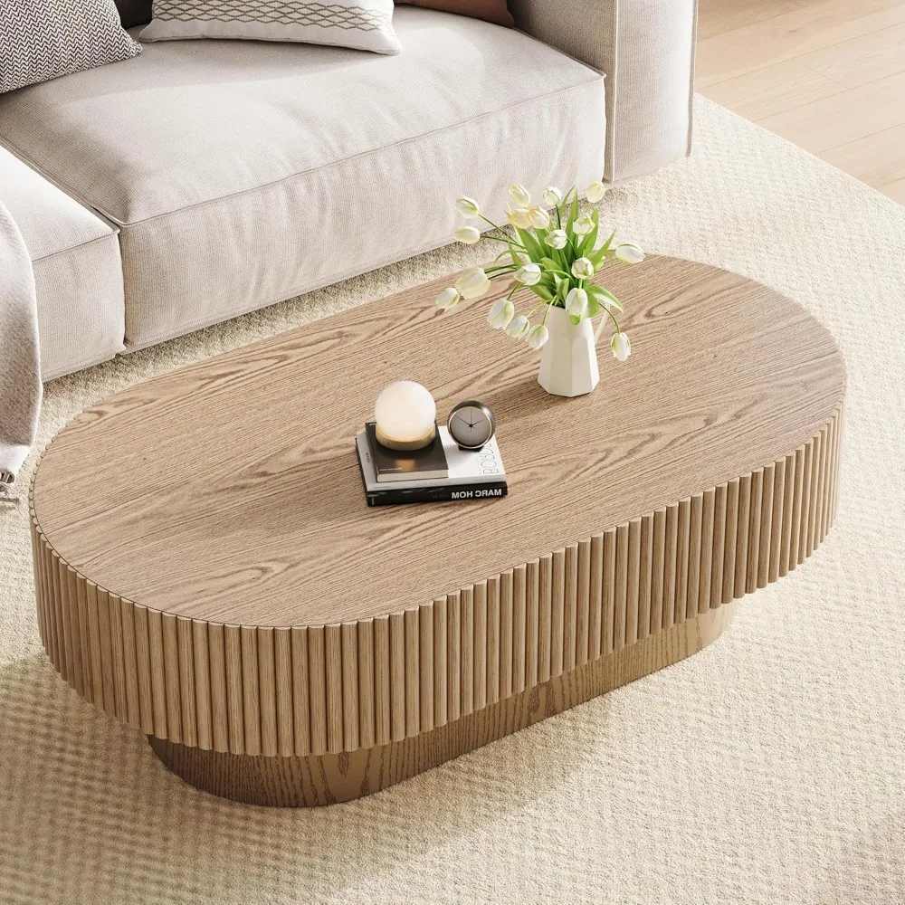 

43.7” Oval Coffee Table, Modern Wood Fluted Coffee Table for Living Room, Veneer Handcrafted Relief Center Table with Sturdy Ped