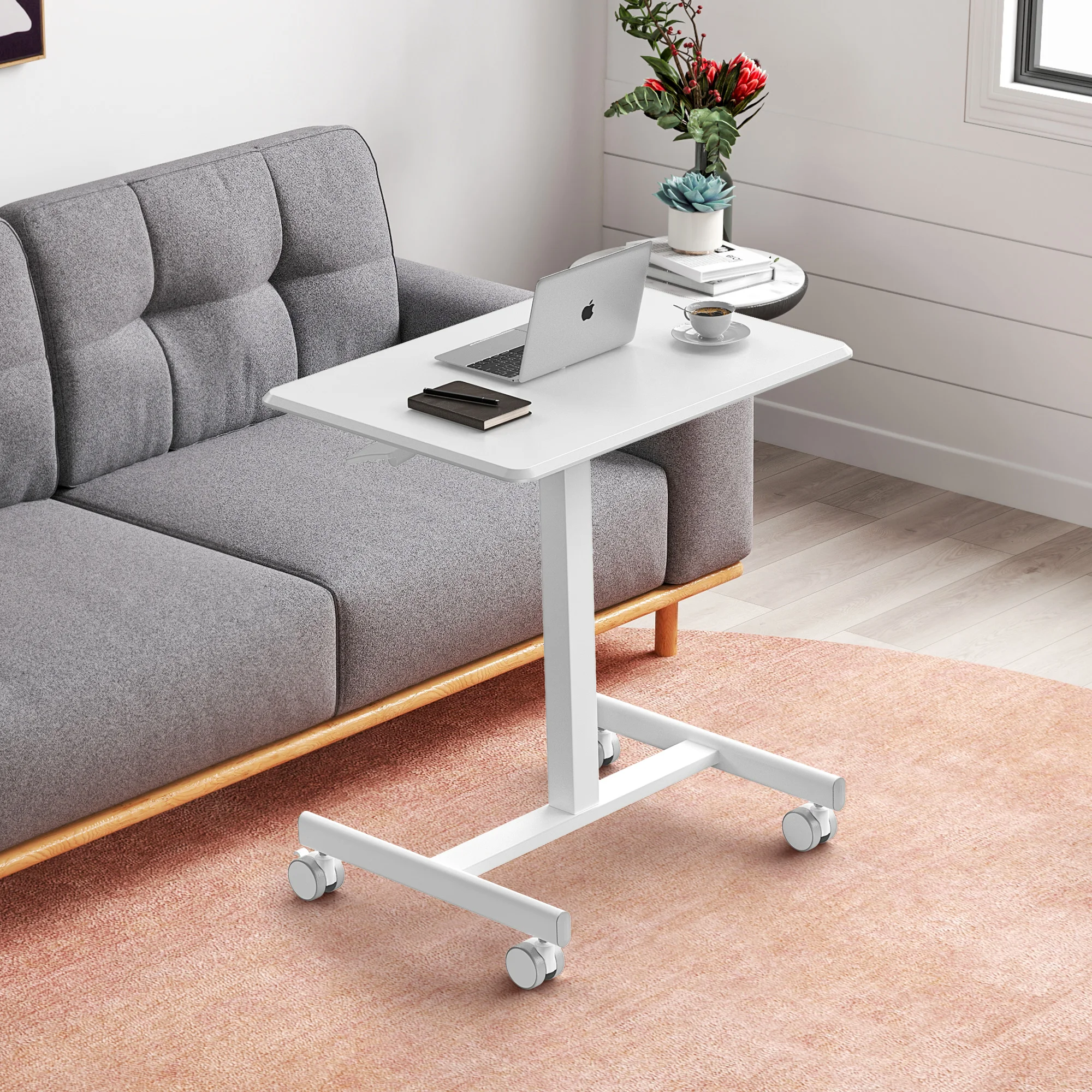 JHK Mobile Small Standing Desk Portable Computer Desk Laptop Height Adjustable Table Sitting Workstation Lockable Wheels