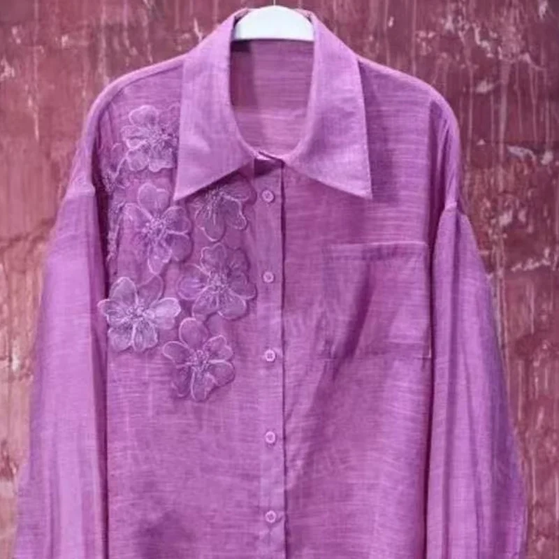 

2025 New Spring Purple Blouse Women Korean Fashin Long Sleeve Polo Collar 3D Floral Womens Elegant Shirt Casual High End Tops